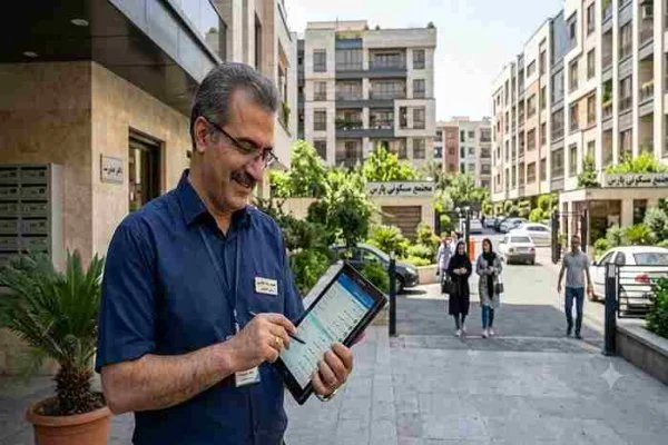 مدیر ساختمان مسکونی در حال کار با تبلت برای مدیریت امور مجتمع مسکونی