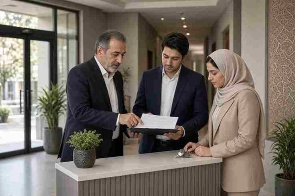 نایب رئیس هیئت مدیره ساختمان در حال بررسی صورتجلسه و اسناد مالی مجتمع مسکونی