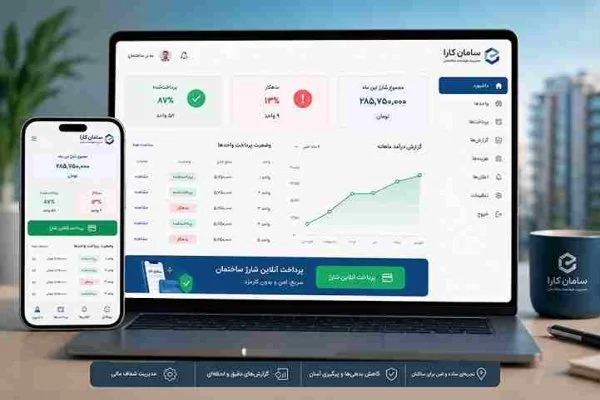 تصویر داشبورد سایت پرداخت شارژ ساختمان سامان کارا با نمایش وضعیت پرداخت واحدها، مبالغ شارژ و دکمه پرداخت آنلاین؛ نمونه‌ای از نرم‌افزار مدرن مدیریت ساختمان برای مدیران و ساکنان