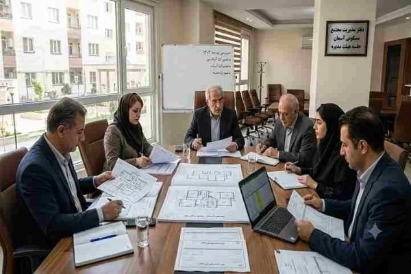 جلسه هیئت مدیره مجتمع مسکونی برای بررسی وظایف مدیریتی و مالی
