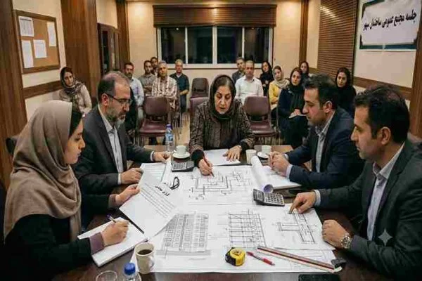 هیئت مدیره ساختمان در حال بررسی صورت‌های مالی و دفترچه شارژ ماهانه با حضور مالکان