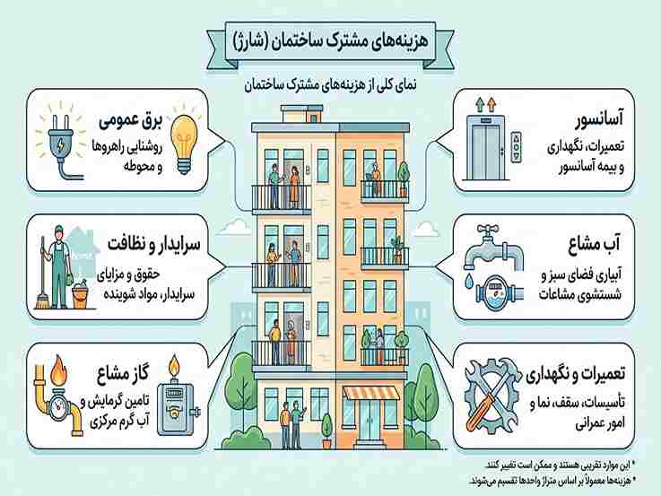 اینفوگرافیک اقلام هزینه‌های مشترک ساختمان در یک مجتمع مسکونی