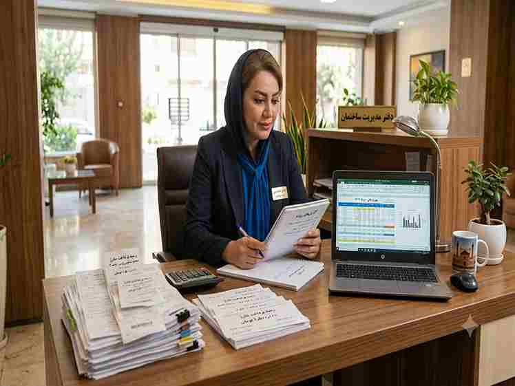 میز کار مدیر آپارتمان با ابزارهای مدیریتی و گزارش‌های مالی