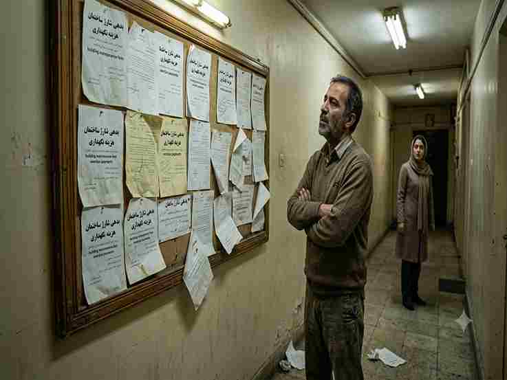 مدیر خسته ساختمان در حال نگاه به تابلوی اعلانات شلوغ و برگه‌های کاغذی شارژ ساختمان