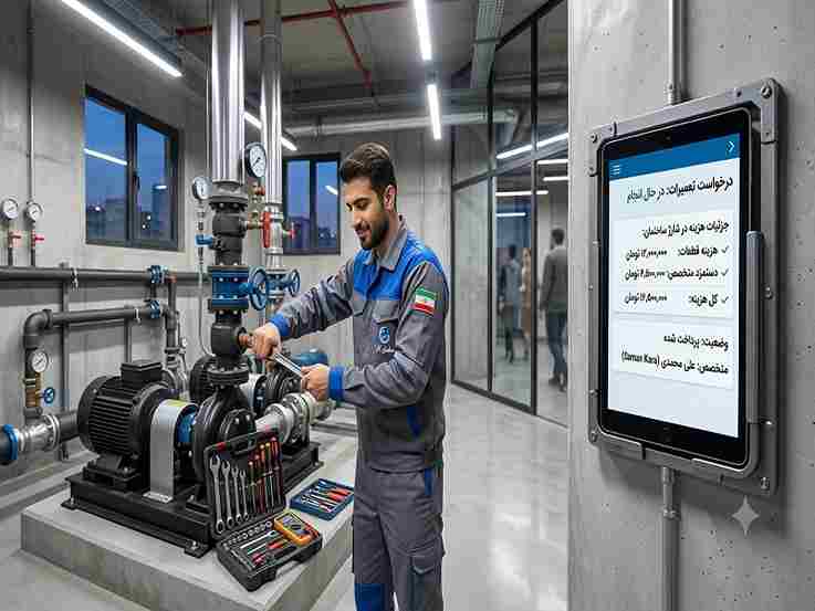 تکنسین سامان کارا در حال تعمیر پمپ آب ساختمان و ثبت هزینه تعمیر در نرم افزار شارژ ساختمان