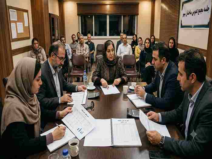 اعضای هیئت مدیره ساختمان در جلسهای رسمی در حال تصمیمگیری دربارهٔ تعمیرات اساسی مجتمع