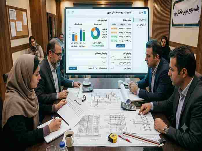داشبورد نرم‌افزار مدیریت ساختمان شامل نمودارهای مالی، یادآوری شارژ و پیام‌رسانی به ساکنان